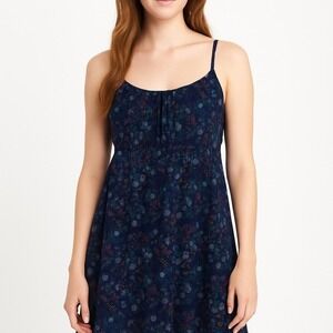 Navy Blue Floral Babydoll Dress– Flowy, Feminine, Fairycore Y2K Style Size M